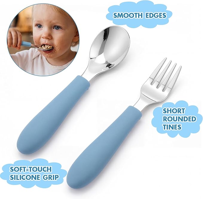 Pimoys 6 Pieces Toddler Utensils, Kids Forks and Spoons with Silicone Handle, Stainless Steel Toddler Silverware Set, Dishwasher Safe