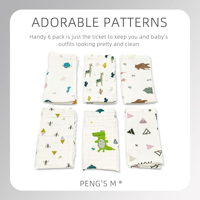PENG'S M Muslin Baby Burp Cloths 6-Pack Organic Cotton Washcloths 20 by 10 Inches Cloths 6 Layers Super Soft Funny Forest