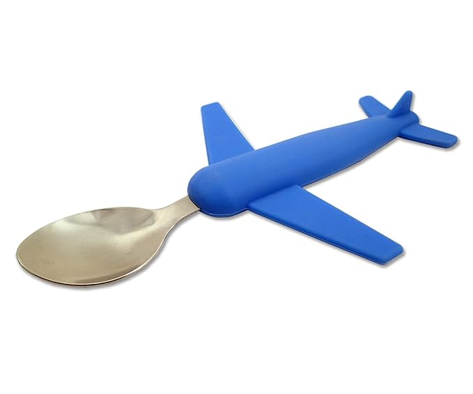 Kids' Airplane Fork & Spoon Set, Stainless Steel & Silicone