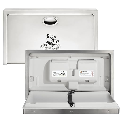 Stardrix Panda Care Stainless Steel Surface Mounted Baby Changing Station, Heavy Duty Foldable Diaper Changing Table with Liner Dispenser and Adjustable Safety Belt for Commercial and Business