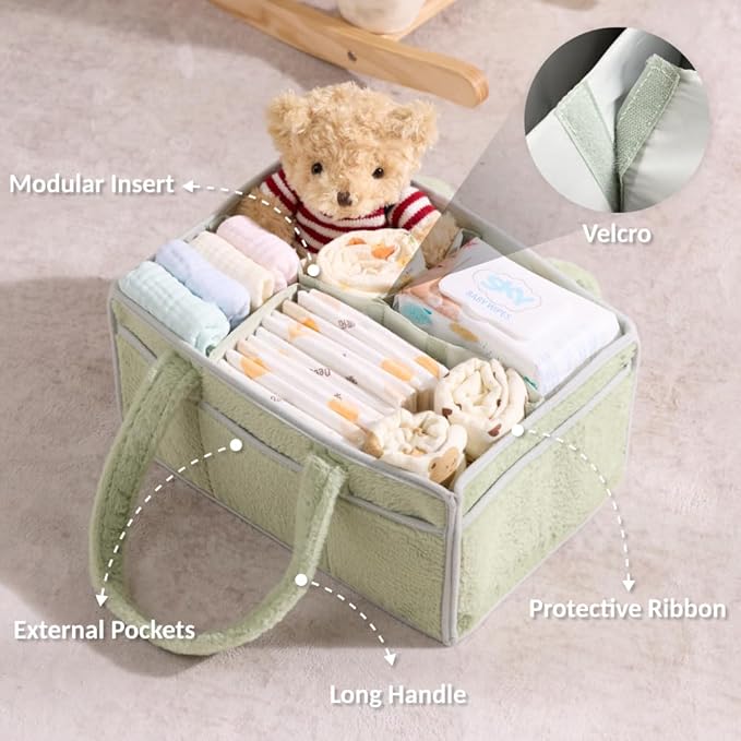 luxury little Soft Baby Diaper Caddy Organizer, Nursery Storage Basket with Removable Divider, Portable Baby Diapers Basket, Gifts for New Parent, Baby Shower (Green)