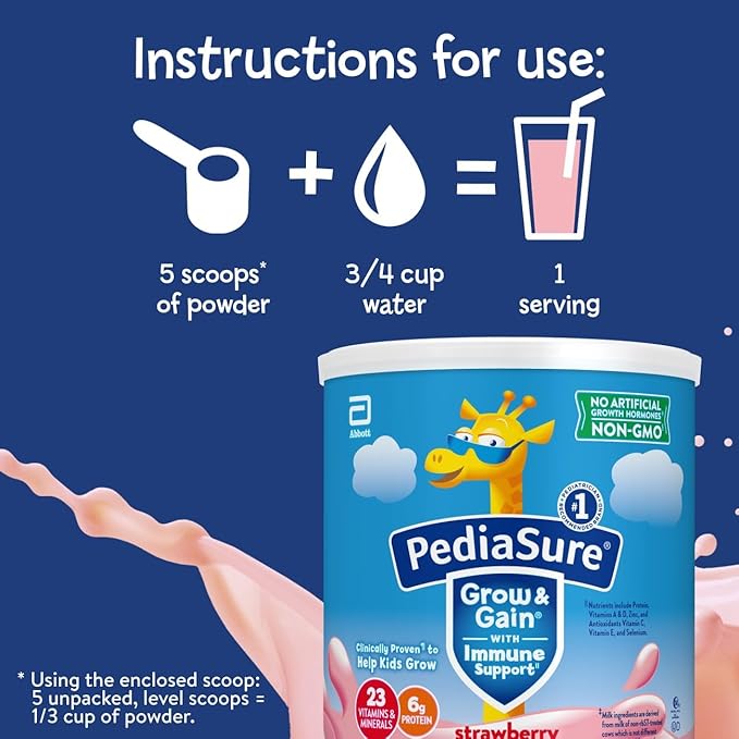 PediaSure Grow & Gain with Immune Support Shake Mix Powder, 23 Vitamins & Minerals, 6g Protein, Non-GMO, Gluten-Free, Kids Nutrition, Strawberry, 14.1 oz Can, Pack of 6-48 servings