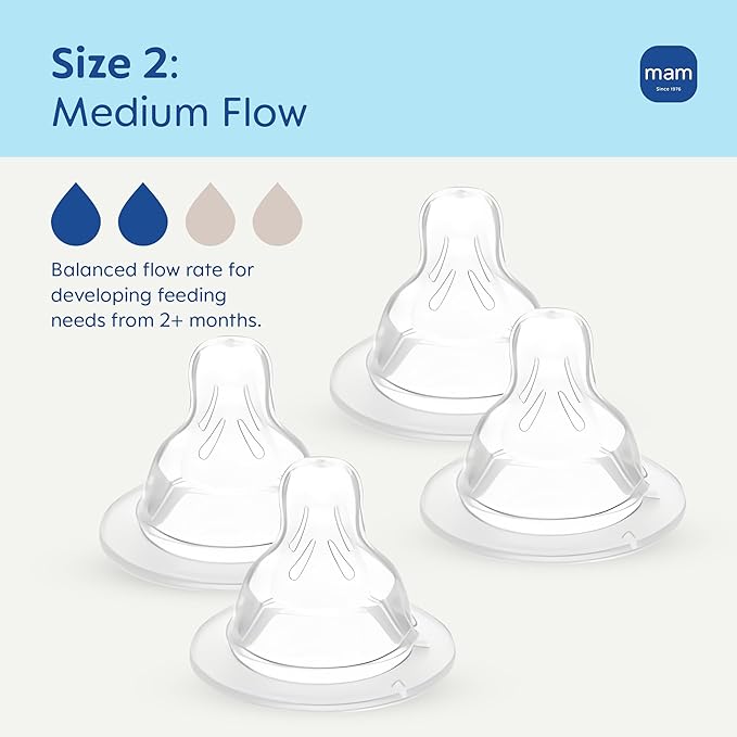 MAM Baby Bottle Nipples Medium Flow Size 2, for 2+ Month Babies, Skin Soft BPA Free Silicone, 94% Nipple Acceptance, Fits All MAM Bottles, Developed with Medical Experts, 4 Pack, Made in Europe