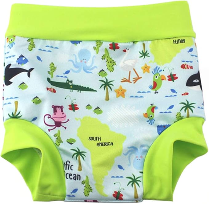 Swim Nappies for Baby Girls and Boys Reusable and Toddler Swim Diaper High-Waisted Swimming Shorts (6-12 Months, Light Blue+Green)