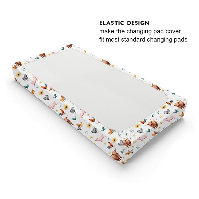 Watercolor Farm Animals Baby Changing Pad Covers Yak Pigs Rooster Hens Boho Sunflowers Leaves Diaper Change Table Pad Cover for Boys Girls Soft Stretch Fitted Changing Mat Sheets 32''x16''