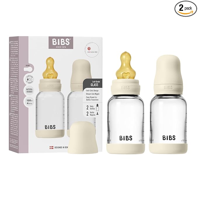 BIBS Glass Baby Bottles 2-Pack, 4 Oz. Anti-Colic System for Gas Reduction. Vented Round Natural Rubber Latex Nipple. Supports Infant and Newborn Breastfeeding - 120 ml (Pack of 2), Ivory