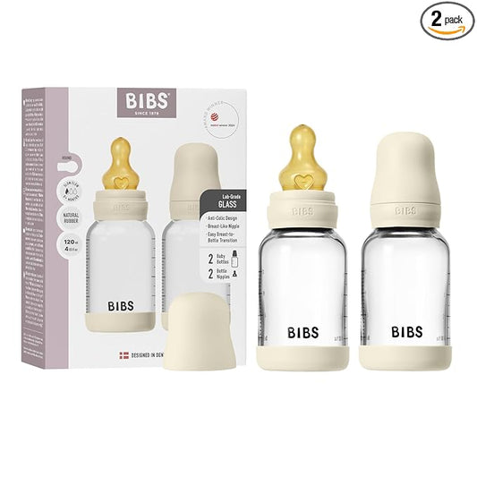 BIBS Glass Baby Bottles 2-Pack, 4 Oz. Anti-Colic System for Gas Reduction. Vented Round Natural Rubber Latex Nipple. Supports Infant and Newborn Breastfeeding - 120 ml (Pack of 2), Ivory