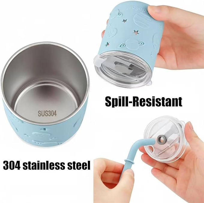 PandaEar Stainless Steel Baby Feeding Set | 2 Divided Suction Plates, 2 Spill-Proof Straw Cups with Silicone Sleeves, 2 Forks & 2 Spoons | Toddler Utensils for Baby Led Weaning, BPA-Free (Blue & Grey)