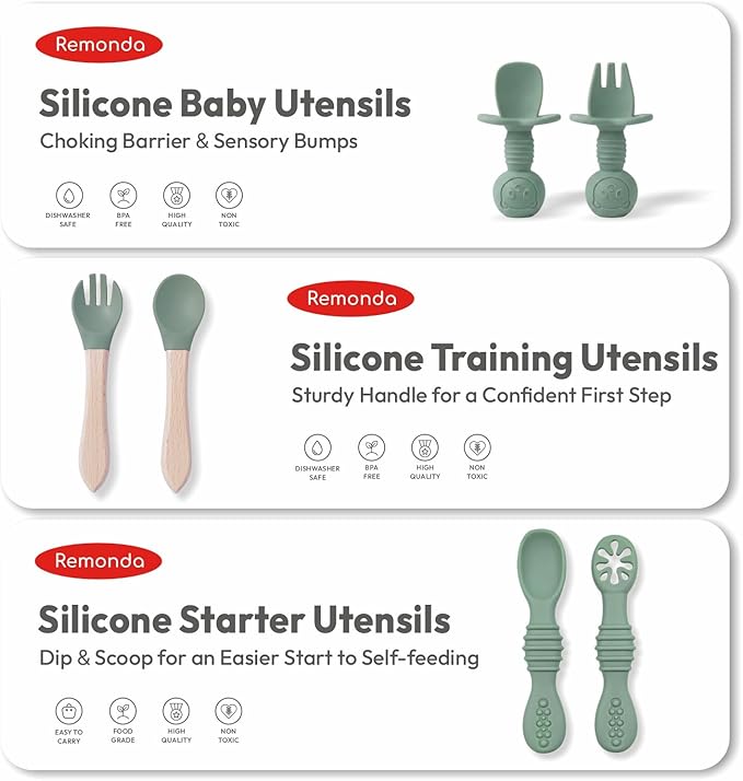 Remonda 23-Piece BPA-Free Silicone Baby Feeding Set | Extra Large Suction Plates, Toddler Bowls, Self Feeding Spoons, and More | Dishwasher Safe| Baby Led Weaning Supplies (Green）01