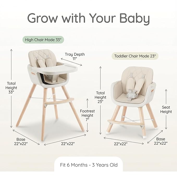Mallify 3-in-1 Wooden High Chair, Convertible High Chairs for Babies and Toddlers, Baby Highchair with Adjustable Legs & Dishwasher-Safe Tray, Sleek Hardwood & Premium PU Cushion, Beige