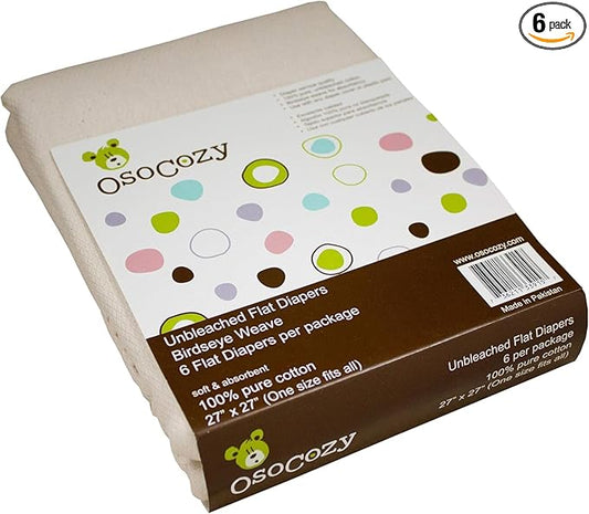 OsoCozy Unbleached Birdseye Flat Cloth Diapers (6 Pack) - 27 x 27 Inches, One-Layer Flat Cloth Baby Nappies Made of Soft, Durable 100% Birdseye Weave Cotton…