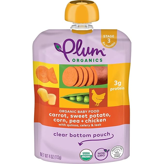 Plum Organics Stage 3 Organic Baby Food - Carrot, Sweet Potato, Corn, Pea, and Chicken - 4 oz Pouch - Organic Baby Food Pouch