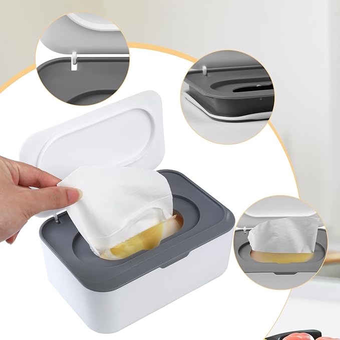 Wipes Dispenser, Wet Wipe Container Case Refillable, Wet Tissue Storage Box for Home Office Kitchen Bathroom, to Keep Wipes Fresh & Clean - White Grey
