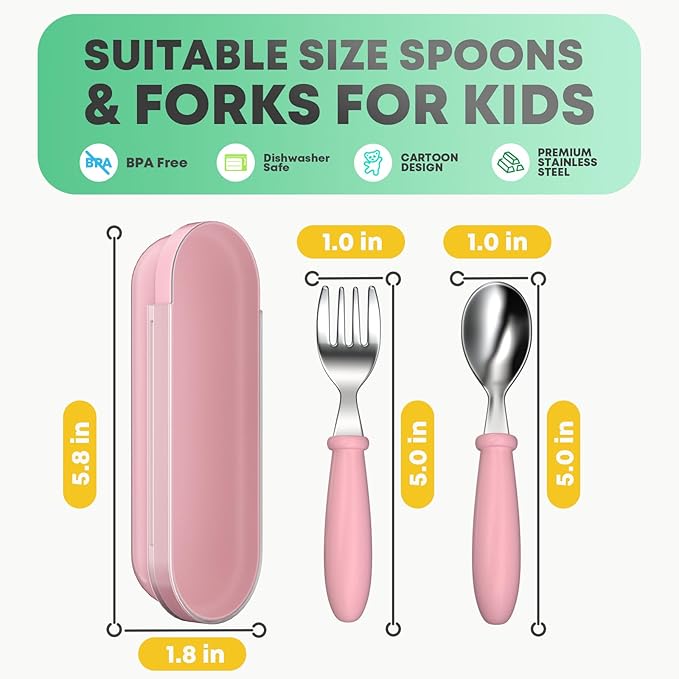 Toddler Utensils, Kids Stainless Steel Silverware Set, Toddler Forks and Spoons, Baby Utensils Set with Storage Box for Self Feeding Safe, Dishwasher Safe (2 Set with Case)