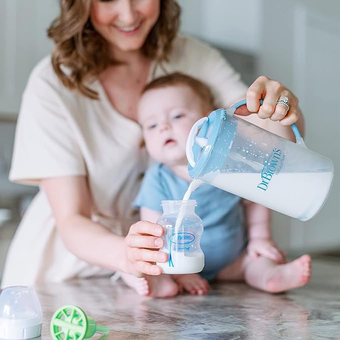 Dr. Brown's Wide-Neck Baby Bottles 5 oz/150 mL, 4 Pack, with Travel Formula Dispenser, Formula Mixing Pitcher, and Reusable Sponge Baby Bottle Cleaning Brush, Blue