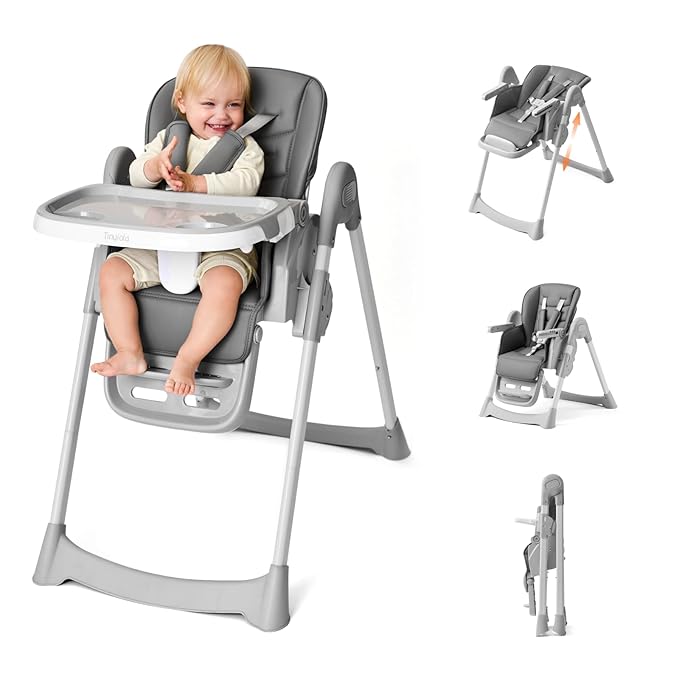 Tinyiota 4 in 1 High Chairs for Babies and Toddlers with Wheels, 8-Height Adjustable & 3-Position Recline, Easy Clean, Dishwasher Removable Tray, Foldable HighChair for Infant, Meets ASTM Safety, Grey