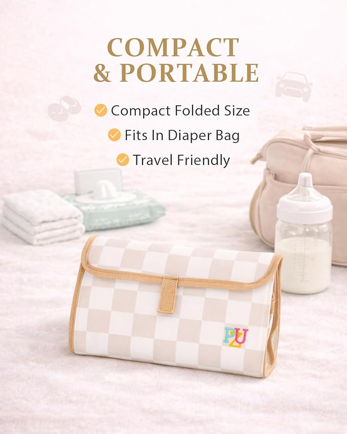 PZU Portable Diaper Changing Pad - Waterproof Travel Changing Mat with Built-in Pillow, Gifts for Baby Shower, Newborn Girls & Boys（Beige Checkers）