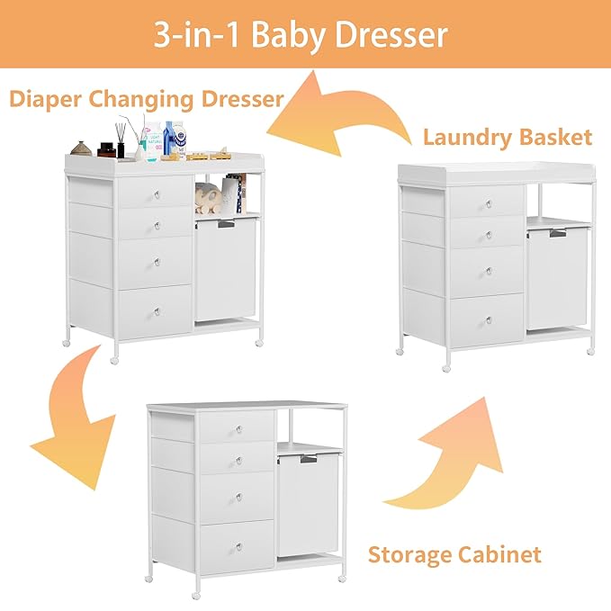 32.6" Baby Changing Station with 4 Drawers and 4 Wheels Diaper Changing Station with Changing Table Top Baby Classic Nursery Dresser with 1 Open Shelf and 1 Laundry Hamper for Newborn,White