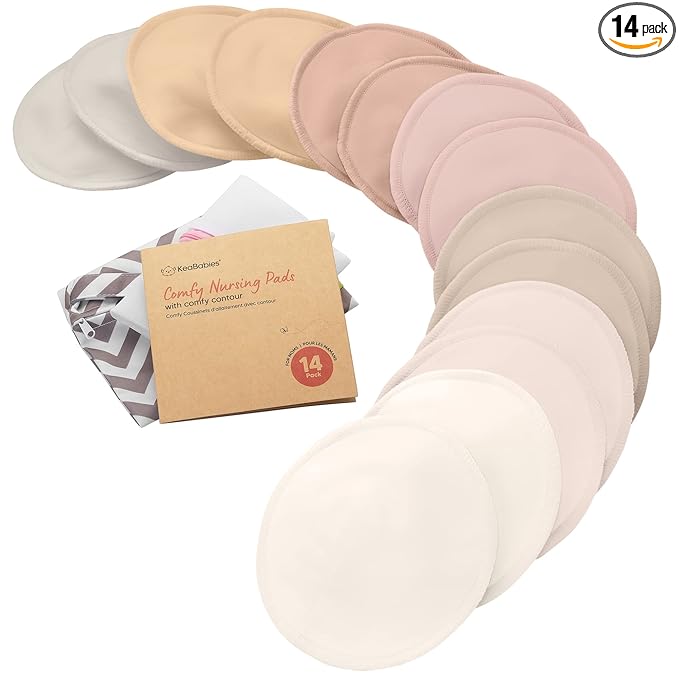 Organic Nursing Pads - 14 Washable Breast Pads for Breastfeeding, Wash Bag, Viscose Derived from Bamboo Reusable Nipple Covers for Breastfeeding Essentials, Soft & Absorbent (Neutrals, XL 5.6")