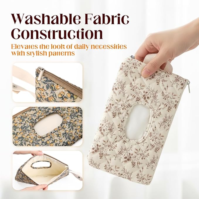 2 PCS Floral Quilted Baby Wipe Holder Pouch with Strap, Reusable Portable Wipes Case for Stroller & Diaper Bag, Leak-Proof Travel Wipes Dispenser with Floral Pattern (Mix)