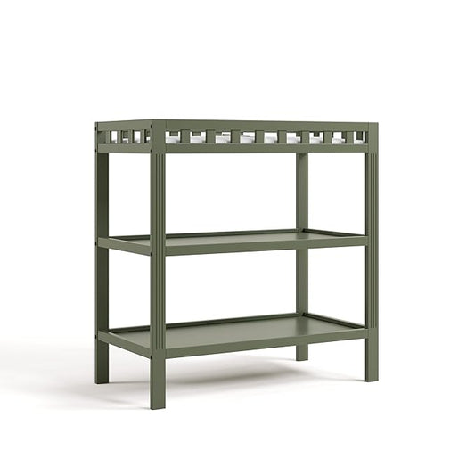 Storkcraft Morningside Changing Table (Olive) – GREENGUARD Gold Certified Baby Changing Table, Includes Waterproof Diaper Changing Pad, Easy 30-Minute Assembly, 2 Open Shelves for Storage