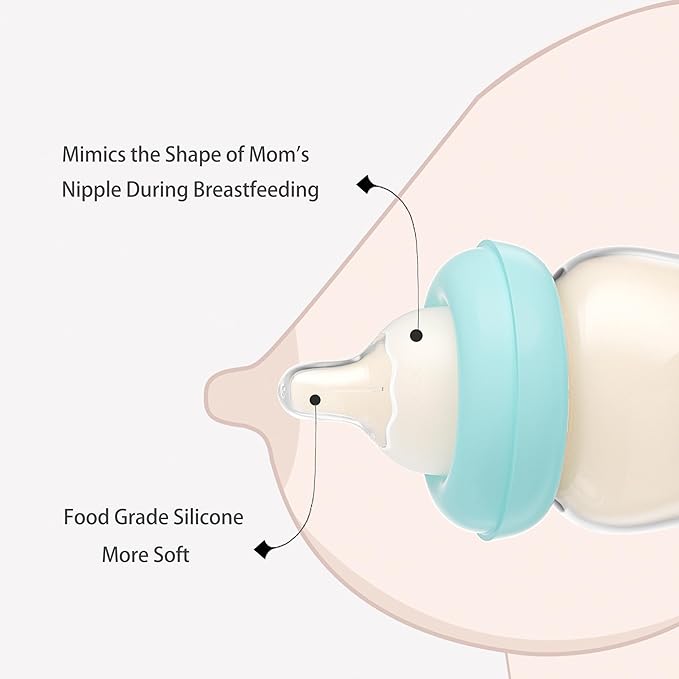 YOHKOH Natural Glass Baby Bottle with Level 1 Slow Flow Nipple, Newborn Anti-Colic Baby Bottles, Wide Neck Mushroom Baby Glass Bottle ((5.4oz (Pack of 4), Blue-A)