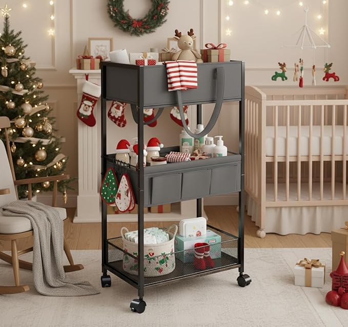 Diaper Caddy Organizer and Storage, 3-Tier Baby Storage Organizers with 2+2 Dividers, Large Capacity Diaper Rolling Cart for Nursery, Diaper Caddy Cart for Crib, Bedroom, Bathroom