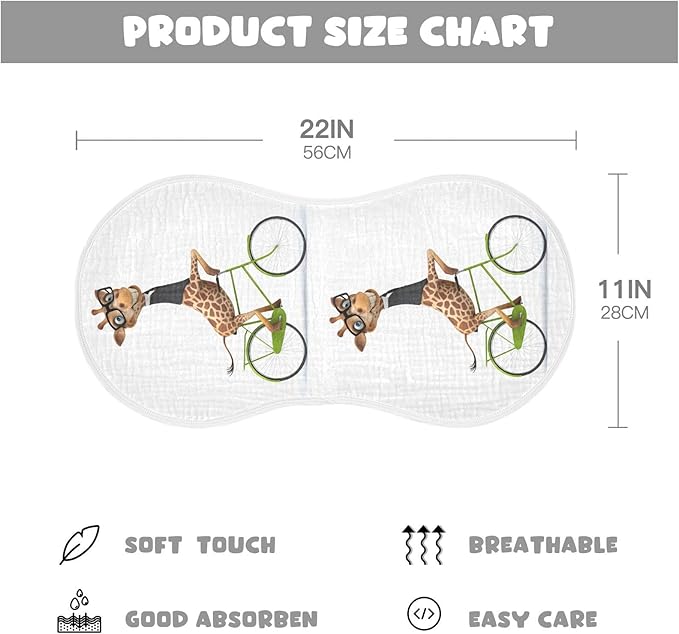 Fun Giraffe in Suit On Bicycle Muslin Burp Cloths for Baby 4 Pack Soft 100% Cotton Baby Washcloths Bibs for Boy Girl
