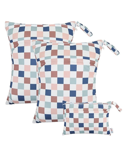 ALVABABY 3 pcs Cloth Diaper Wet Dry Bags Waterproof Reusable with Two Zippered Pockets Travel Beach Pool Daycare Soiled Baby Items Yoga Gym Bag for Swimsuits or Wet Clothes Small Medium Large 3L-SML13
