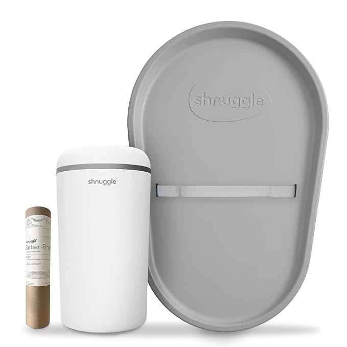 Shnuggle Changing Essentials Bundle - Squishy Changing Mat Grey + Eco-Touch Diaper Bin + Better Bag Liners - Wipeable, Odor-Locking, Eco-Friendly, No Costly Refills