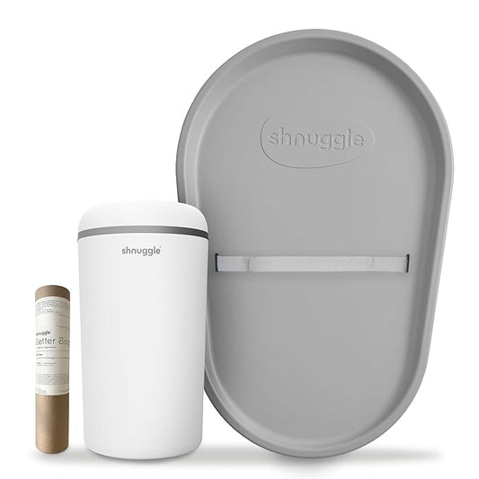 Shnuggle Changing Essentials Bundle - Squishy Changing Mat Grey + Eco-Touch Diaper Bin + Better Bag Liners - Wipeable, Odor-Locking, Eco-Friendly, No Costly Refills