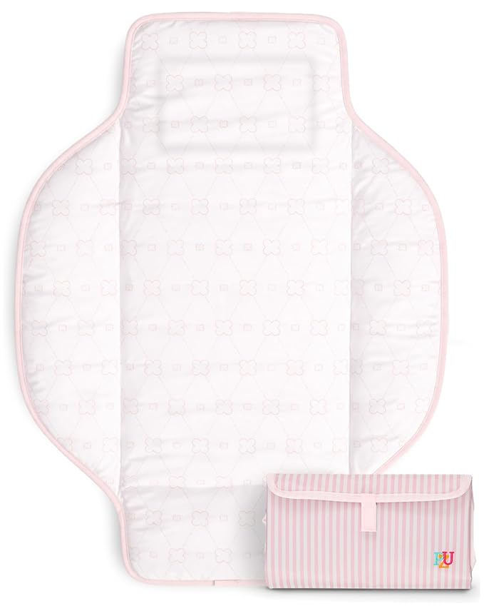 PZU Portable Diaper Changing Pad - Waterproof Travel Changing Mat with Built-in Pillow, Gifts for Baby Shower, Newborn Girls & Boys（Pink Stripes）