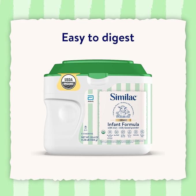 Similac Organic Infant Formula, Easy to Digest, USDA-Certified Organic, Powder, 20.6-oz Tub