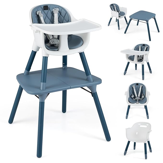 HONEY JOY 5-in-1 High Chair, Convertible Highchair for Babies and Toddlers/Kids Chair Table Set/Infant Feeding Chair w/Safety Harness, PU Leather Cushion & Removable Food Tray (Blue)