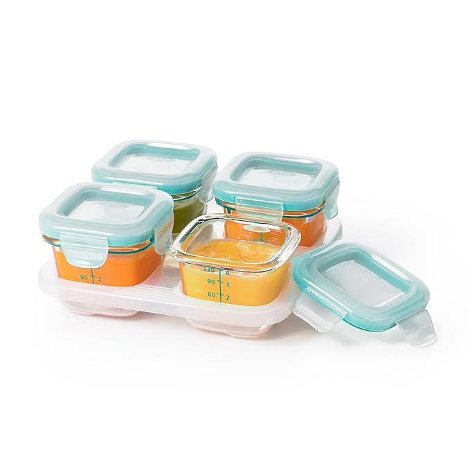 OXO Tot Glass Baby Blocks Food Storage Containers, Teal, 4 oz (Pack of 2)
