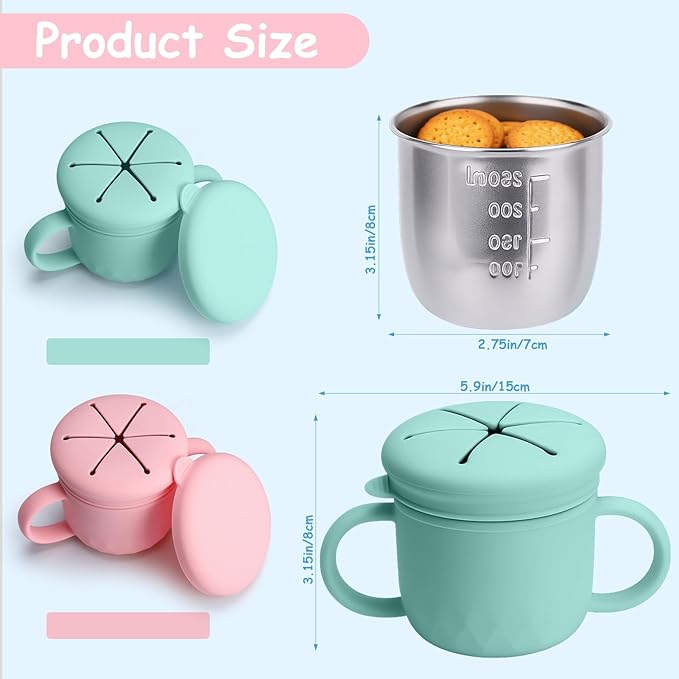 Snack Cups for Toddlers Spill Proof, Stainless Steel Snack Containers for Kids, Reusable Toddler Snack Containers with Lid & Handle, Baby Snack Cups, Dishwasher Safe 2 Pack