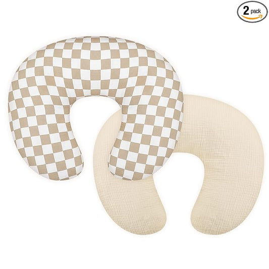 DILIMI Muslin Nursing Pillow Cover 2 Pack, Removable Nursing Cover for Breastfeeding Pillows, Ultra Soft Comfortable Slipcover for Baby Girl and Boy, Beige and Brown Checkered