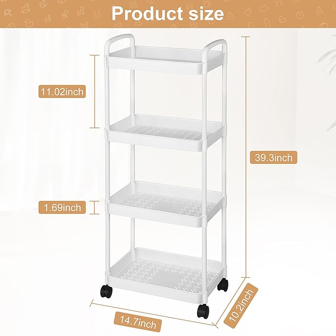 Barydat Baby Diaper Cart 4-Tier Movable Diaper Caddy Organizer Rolling Plastic with Wheels White Essentials Baby Storage Organizer for Hanging Table Crib Bedroom Bathroom