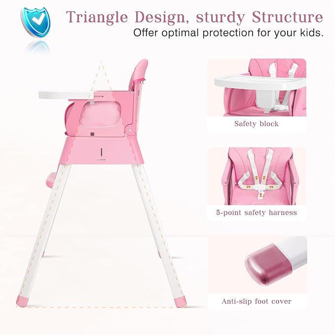5 in 1 Foldable Baby High Chair,Convertible Highchair for Babies and Toddlers-Portable Infant Booster Seat,Carry Small Box,Dining Chair,Toddler High Chair with 5-Point Harness,Removable Tray-Pink