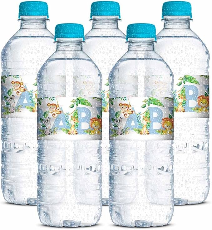 Watercolor Jungle Animals It's a Boy Baby Shower Waterproof Water Bottle Sticker Wrappers 20 Wrap Around Labels Sized 1.75" x 8.5" by AmandaCreation
