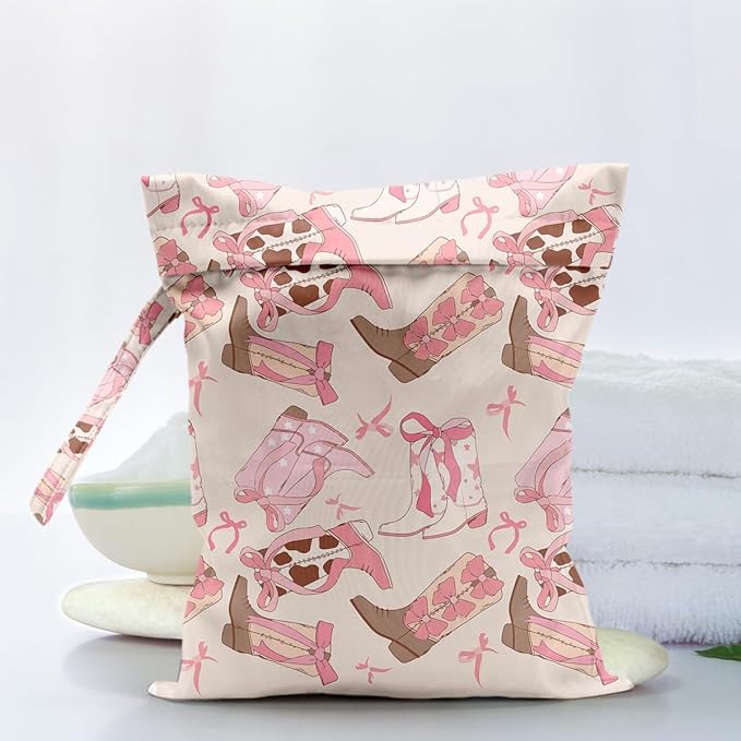 Waterproof Cloth Diaper Wet Dry Bag, Pink Reusable Travel Beach Pool Daycare Soiled Toddler Items Yoga Gym Bag for Swimsuits or Wet Clothes Diaper Western Boots Wet Bag