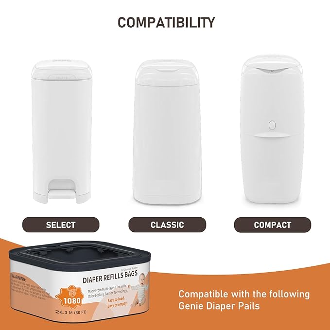 Jumbo+ Square Refills Disposal Bags Refill Compatible with Diaper Genie Compact, Classic and Select Pails, Hold Up to 1080 Newborn-Sized Diapers Per Refill, 3 Pack