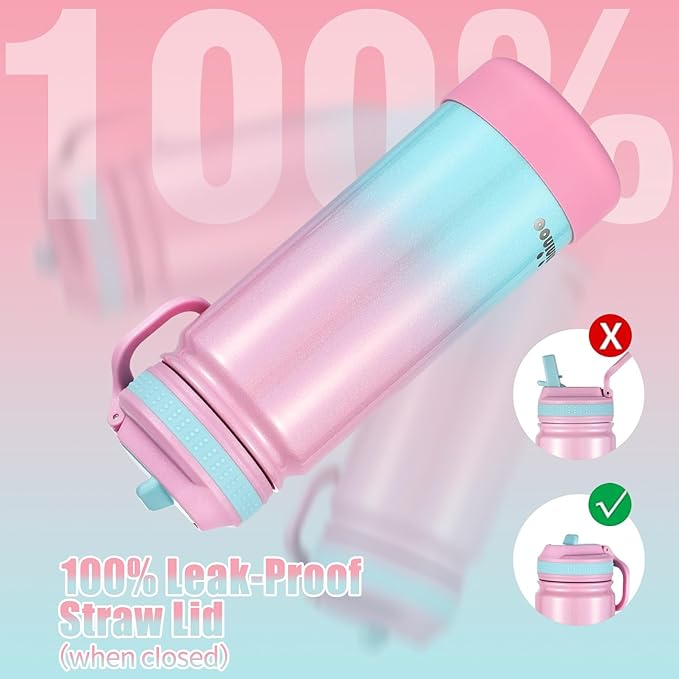 mininoo Kids Water Bottle for School, 16oz Stainless Steel Insulated Water Bottle Kids with Straw Lid for Girls, Boys
