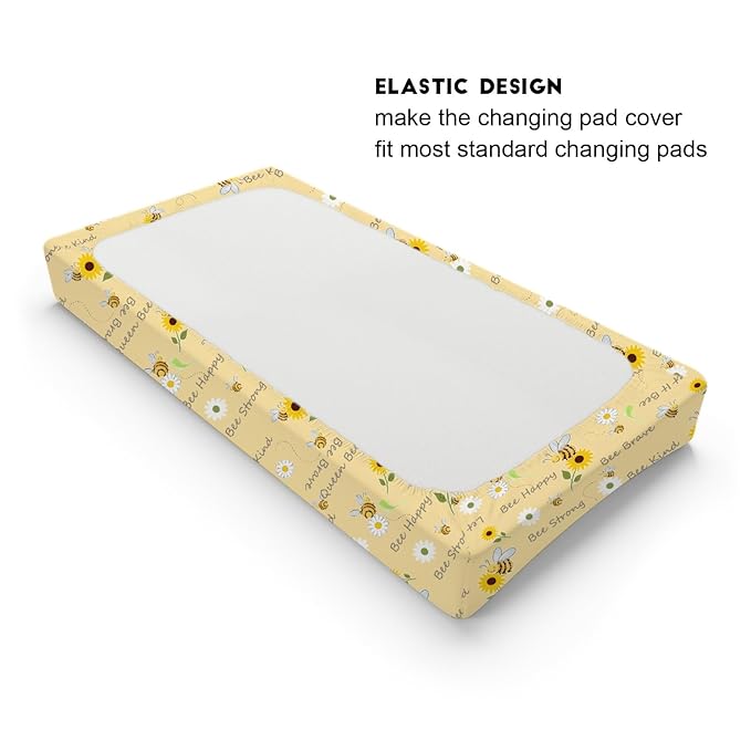 Watercolor Bees Boho Sunflowers Leaves Baby Changing Pad Covers for Boy Girl 32''x16'' Bees Retro Floral Fitted Changing Pad Sheets Bees Soft Diaper Change Table Mats (Yellow, one Size)
