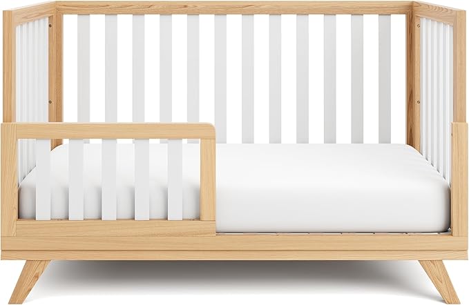 Comfy Cubs Crib Conversion Kit – Easy Assembly Toddler Bed Guard Rail, Solid Pine & Rubber Wood Convertible Crib Kit, Secure Bed Rail – White Bars and Natural Wood Frame and Legs, 53.5 x 13 x 1in