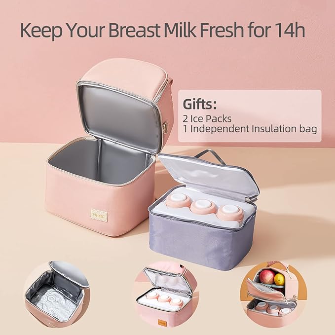 Breastmilk Cooler Bag with Ice Pack, Breast Milk Cooler Fits Up 10 Baby Bottle with Double Layer, Portable Breast Pump Cooler Travel Bag for Daycare and Nursing Moms