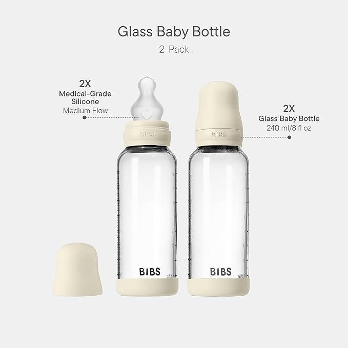 BIBS Glass Baby Bottles 2-Pack, 8.1 Oz. Anti-Colic System for Gas Reduction. Vented Round Silicone Nipple. Supports Infant and Newborn Breastfeeding - 240 ml (Pack of 2), Ivory