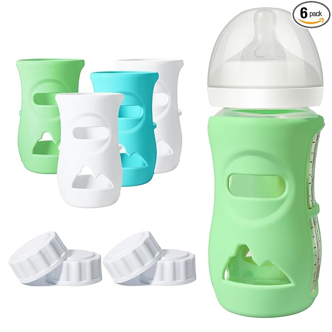 4 Pack Silicone Sleeves for Philips Avent Natural Glass Baby Bottles, Food Grade Silicone Cover and 4pcs Travel Caps, Lids Replacement (2White+1Blue+1Green, 8oz)