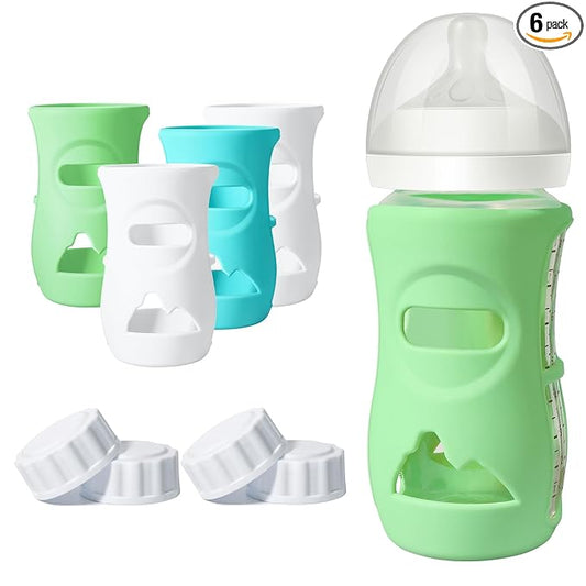 4 Pack Silicone Sleeves for Philips Avent Natural Glass Baby Bottles, Food Grade Silicone Cover and 4pcs Travel Caps, Lids Replacement (2White+1Blue+1Green, 8oz)