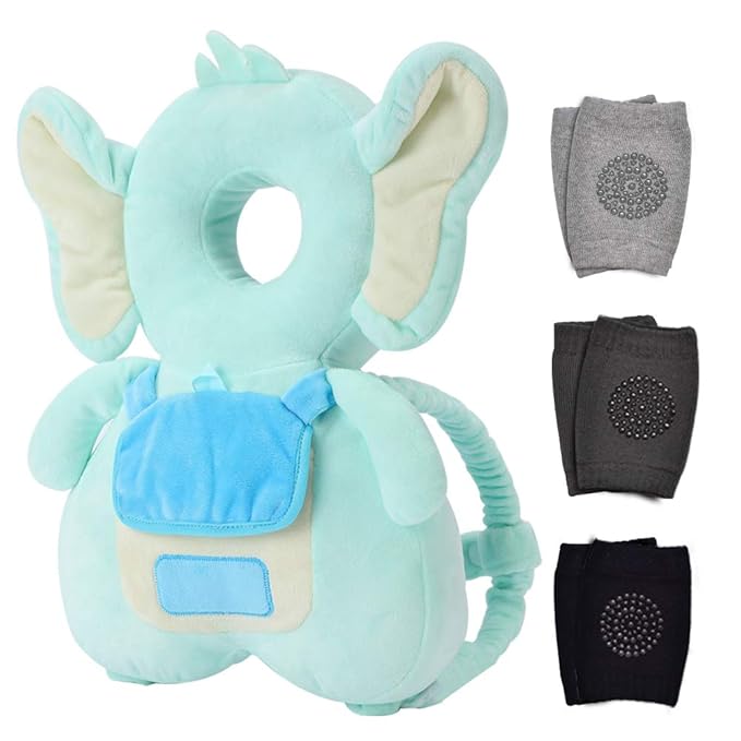 Baby Head Protector & Knee Pads for Crawling, Toddlers Head Safety Pad Adjustable Backpack, Baby Back Protection for Walking & Crawling, Cute Elephant